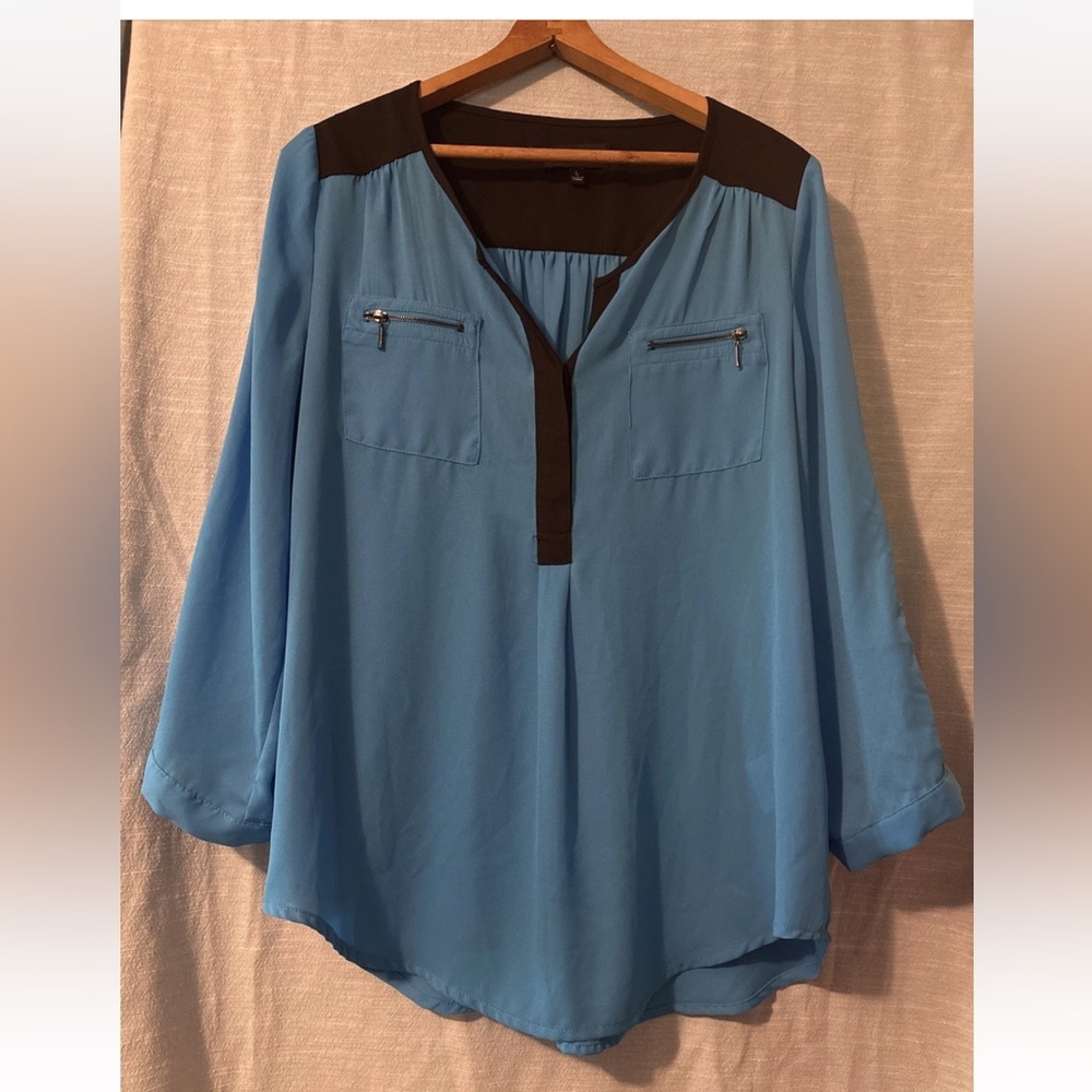 My Michelle Blue Blouse with Black Trim and Zip Pockets
